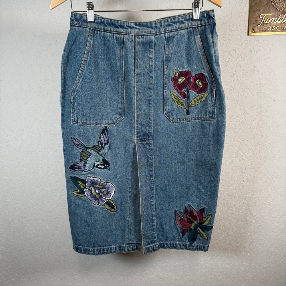 Denim Midi Skirt Embroidered Bird Flowers Blue Jean Pencil Skirt Size L